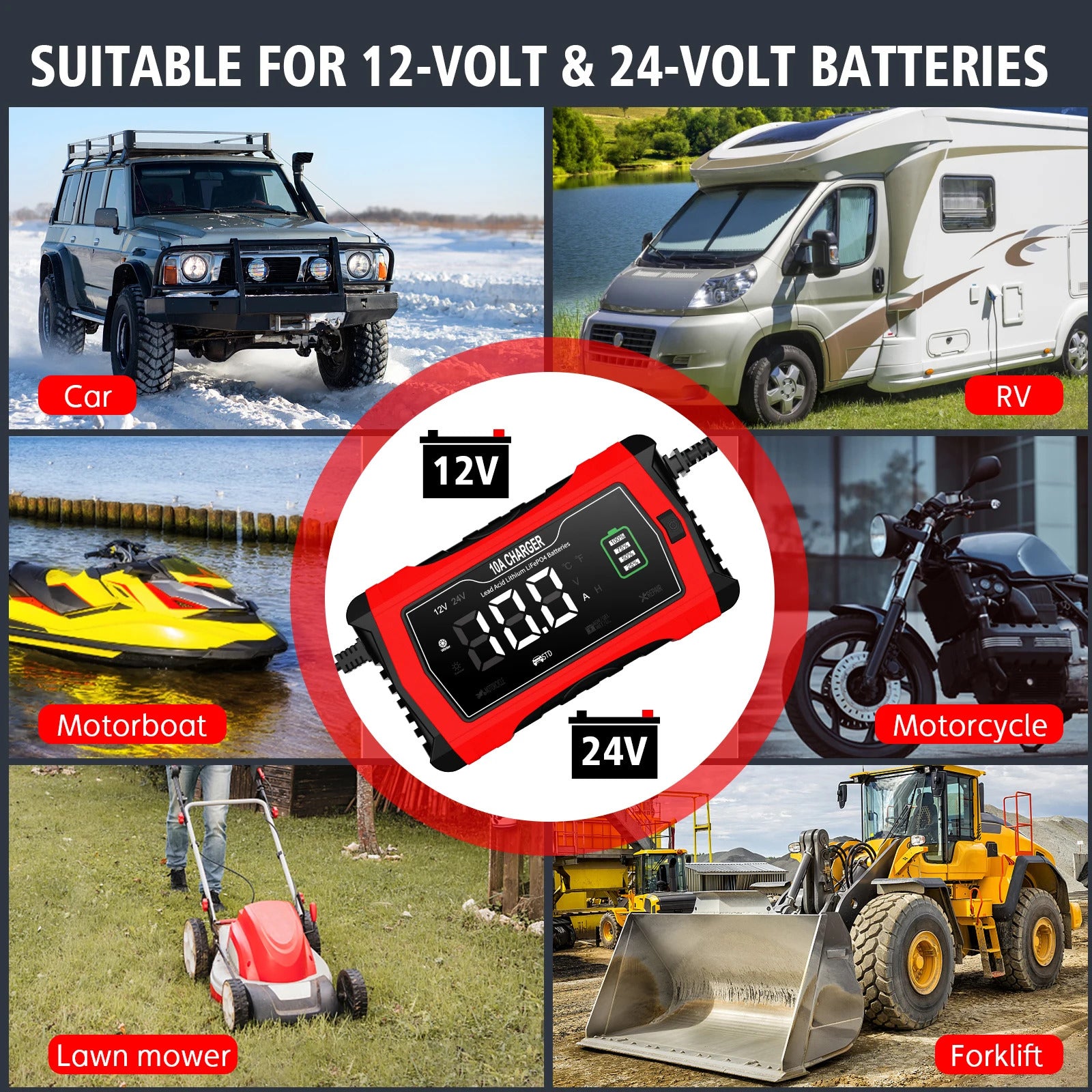 NOEIFEVO 10A Autobatterieladegerät, 12 V/24 V, intelligent, vollautomatisch, mit Aufbereitungsmodus für Autos, LKWs, Motorräder, Rasenmäher, Boote und Schiffsbatterien