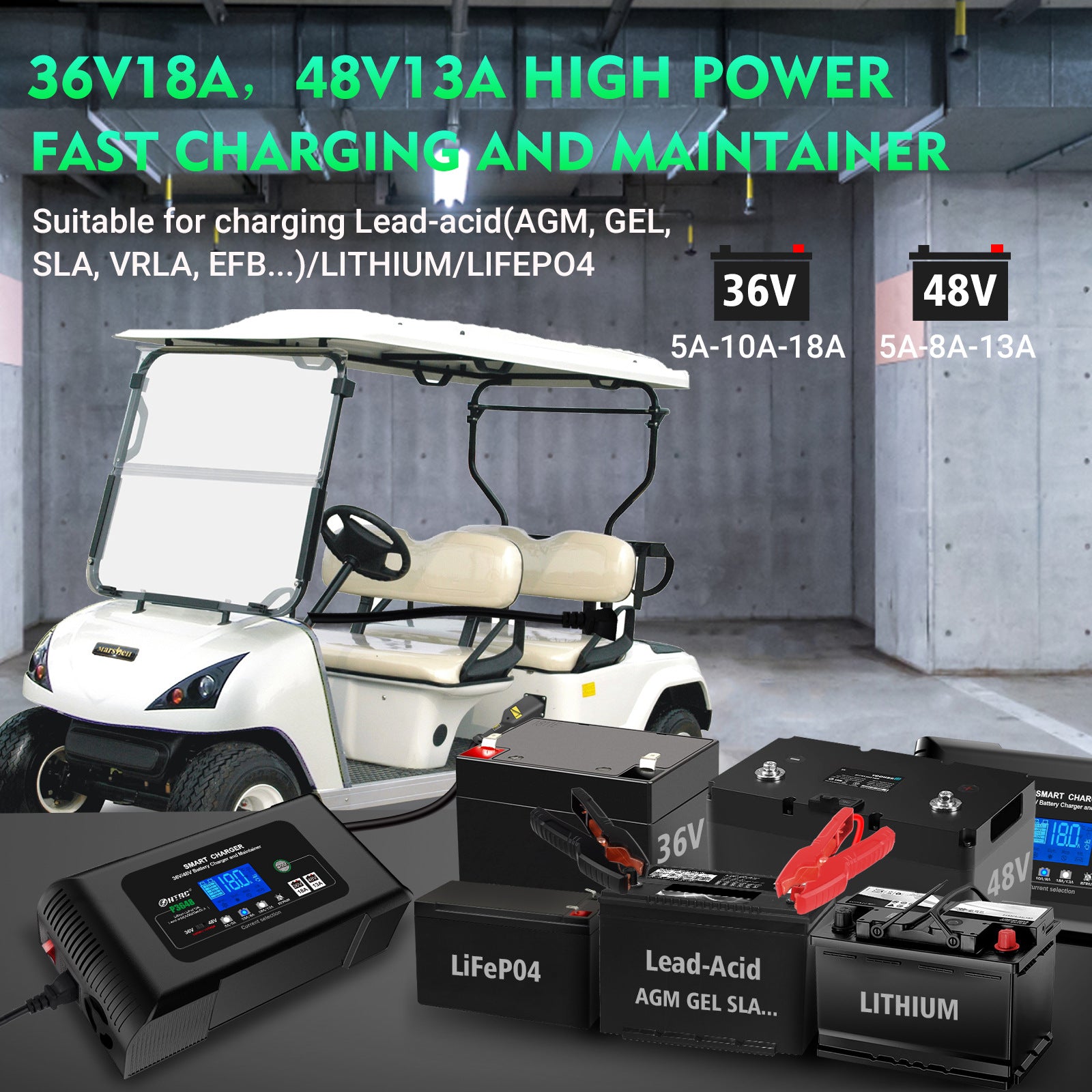 NOEIFEVO Golfkar Acculader 36V18A 48V13A voor EZ-GO RXV TXT Club Car Yamaha voor Lithium-LiFePO4-Loodzuuraccu's