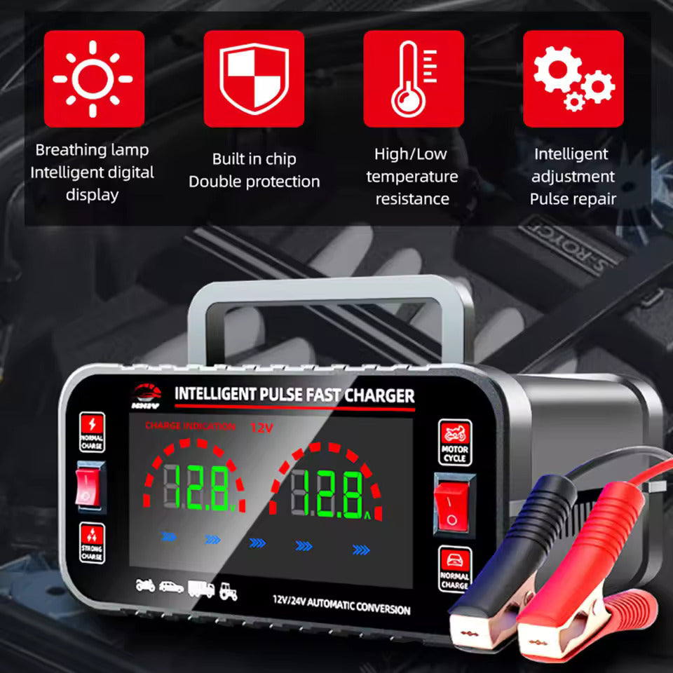 12 10A / 24V 5A Carregador de bateria de carro totalmente automático Carregador de bateria de carro com reparo por pulso inteligente Carregador de bateria de motocicleta