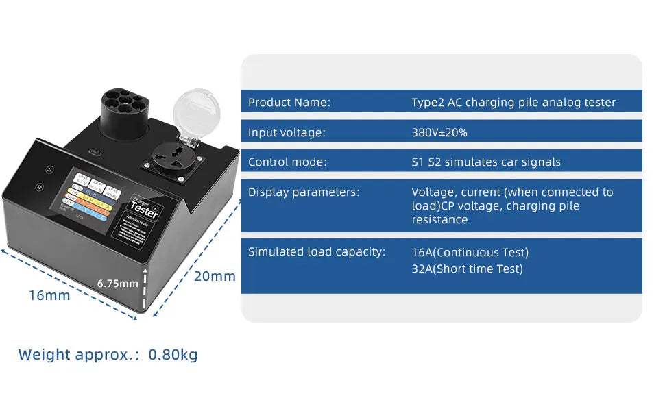Type-2 EV-ladestation tester med LED-indikator – 32A kortvarig belastning, S1/S2 køretøjssignal-simulering, IP54, til EU-standard ladestationer