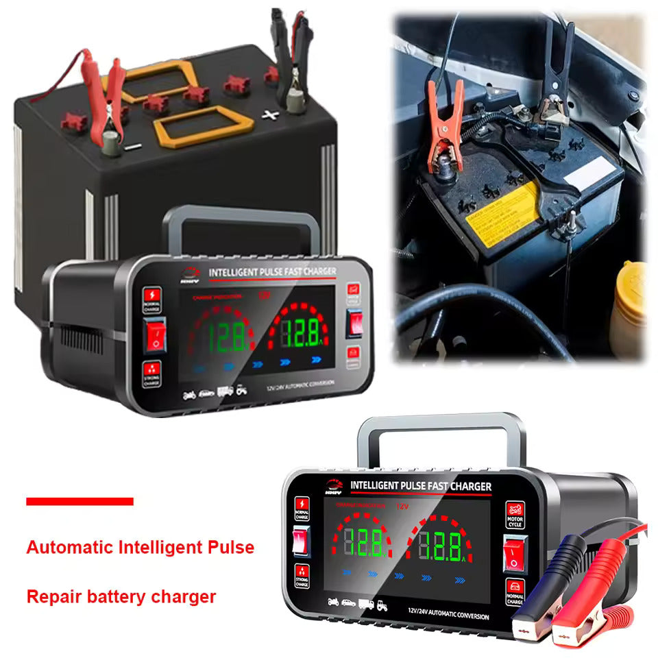12 10A / 24V 5A Carregador de bateria de carro totalmente automático Carregador de bateria de carro com reparo por pulso inteligente Carregador de bateria de motocicleta