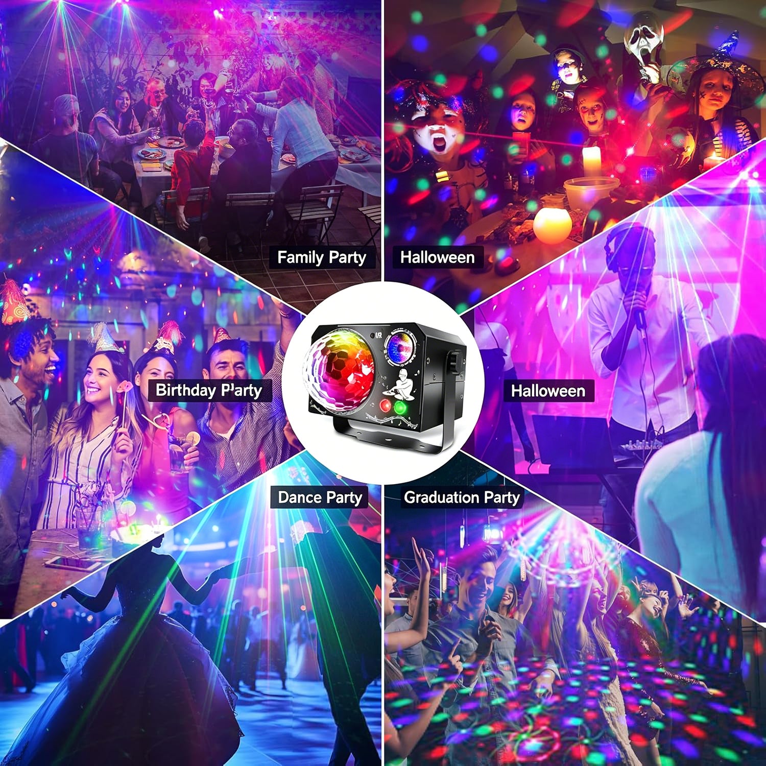 4-in-1 Discokugel, DJ-Disco- und Partylicht (65 Muster), musikgesteuertes Disco-Partylicht, RGB/UV/Stroboskop, sprachgesteuerte Partyleuchte für Partys, Festivals, Clubs, Halloween und Weihnachten