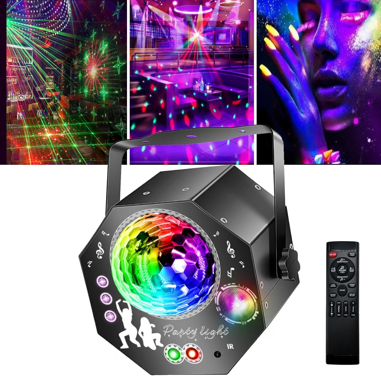 4-in-1-discobal – feestlicht met 64 patronen, op muziek reagerende discolamp met afstandsbediening, RGB-uv-stroboscoop voor thuis, bar, club, buiten en verjaardagsfeesten