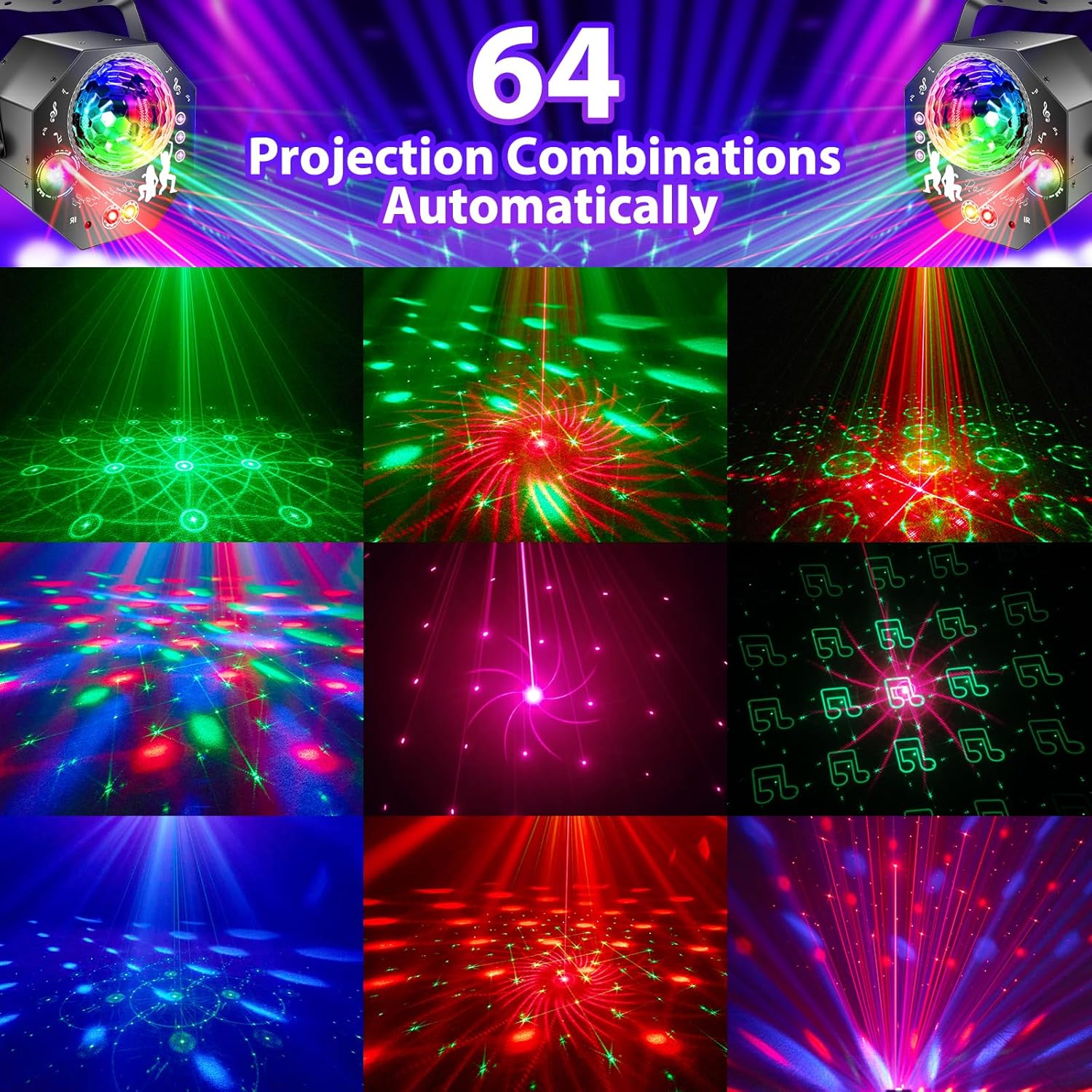 4-in-1-discobal – feestlicht met 64 patronen, op muziek reagerende discolamp met afstandsbediening, RGB-uv-stroboscoop voor thuis, bar, club, buiten en verjaardagsfeesten