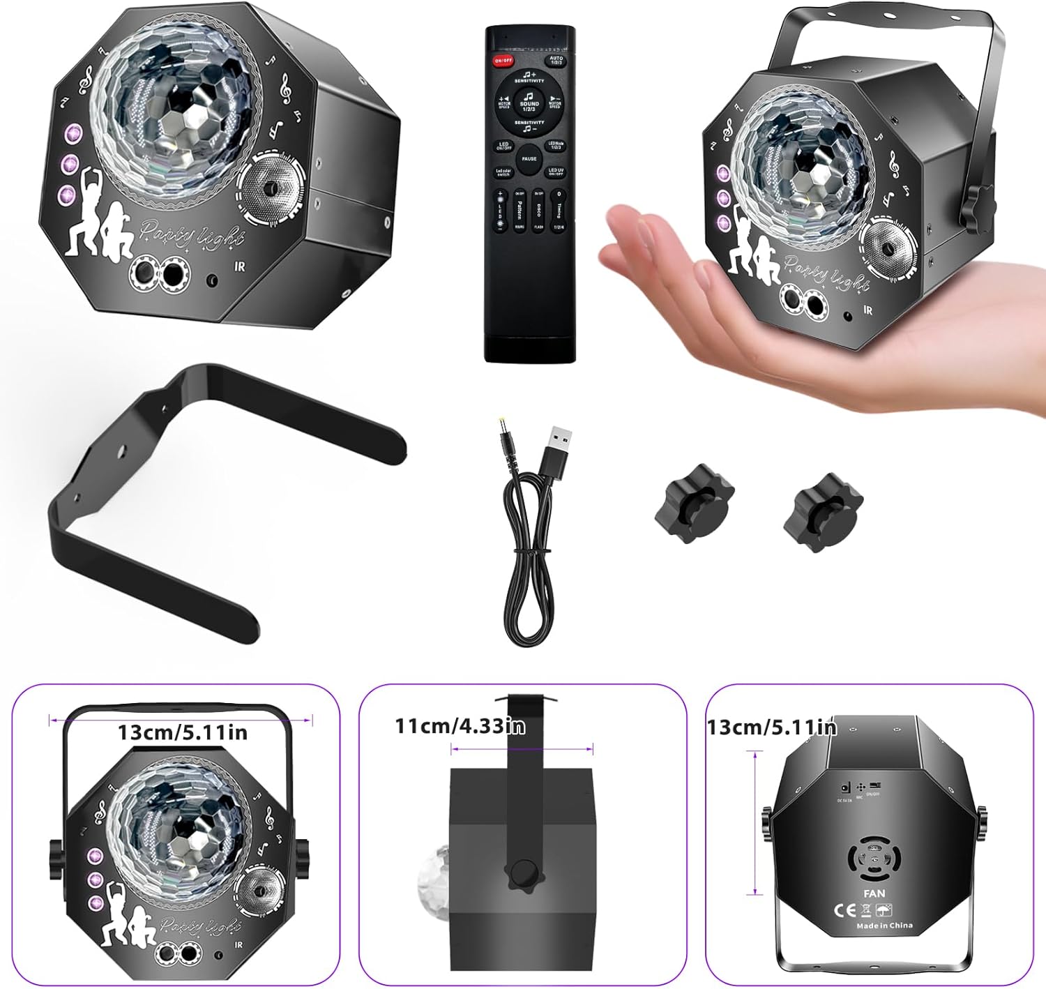 4-in-1-discobal – feestlicht met 64 patronen, op muziek reagerende discolamp met afstandsbediening, RGB-uv-stroboscoop voor thuis, bar, club, buiten en verjaardagsfeesten