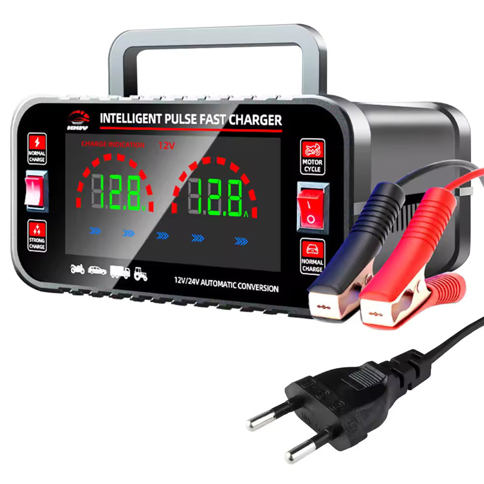 12 10A / 24V 5A Carregador de bateria de carro totalmente automático Carregador de bateria de carro com reparo por pulso inteligente Carregador de bateria de motocicleta