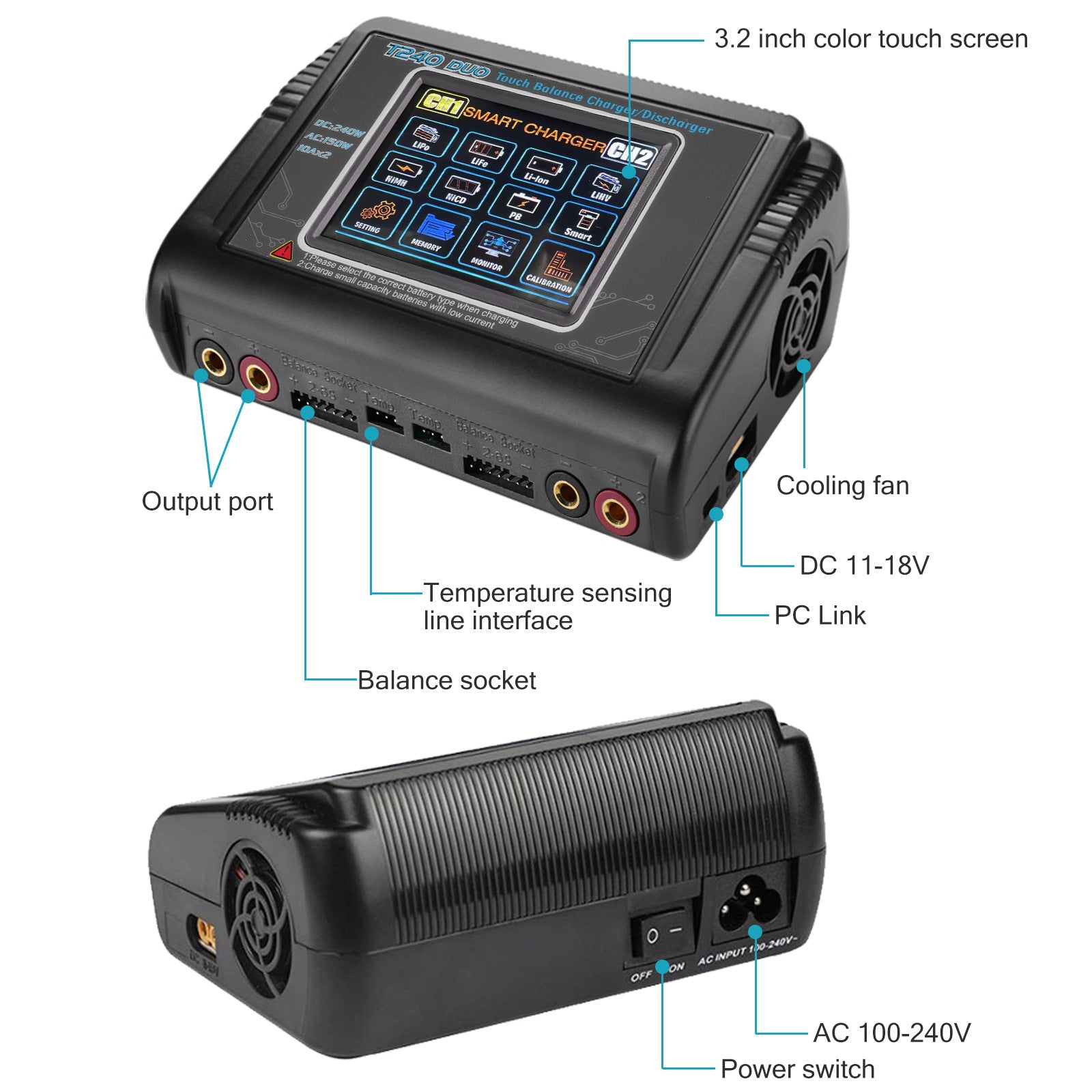 NOEIFEVO T240 RC-lader Dual-Channel AC 150W DC 240W voor NiMH-, NiCd-, LiHV-, Li-ion-, Lipo-, PB-batterijen