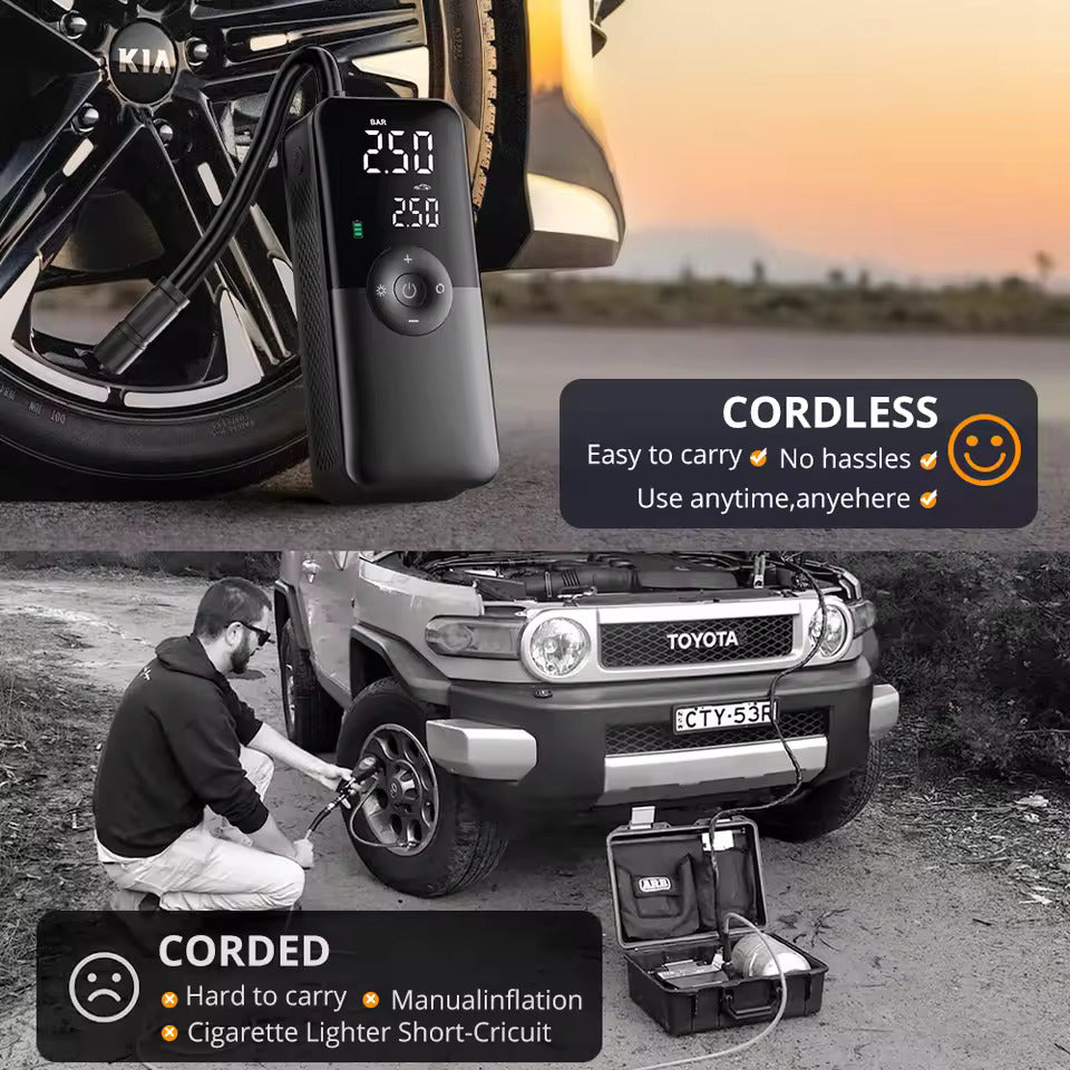 Elektrisk luftpump, batteridriven pump med 150 PSI, förinställt däcktryck för bil/motorcykel/cykel/boll, uppumpning med en knapp och automatisk stopp, cykelpump med LED-ljus och powerbank
