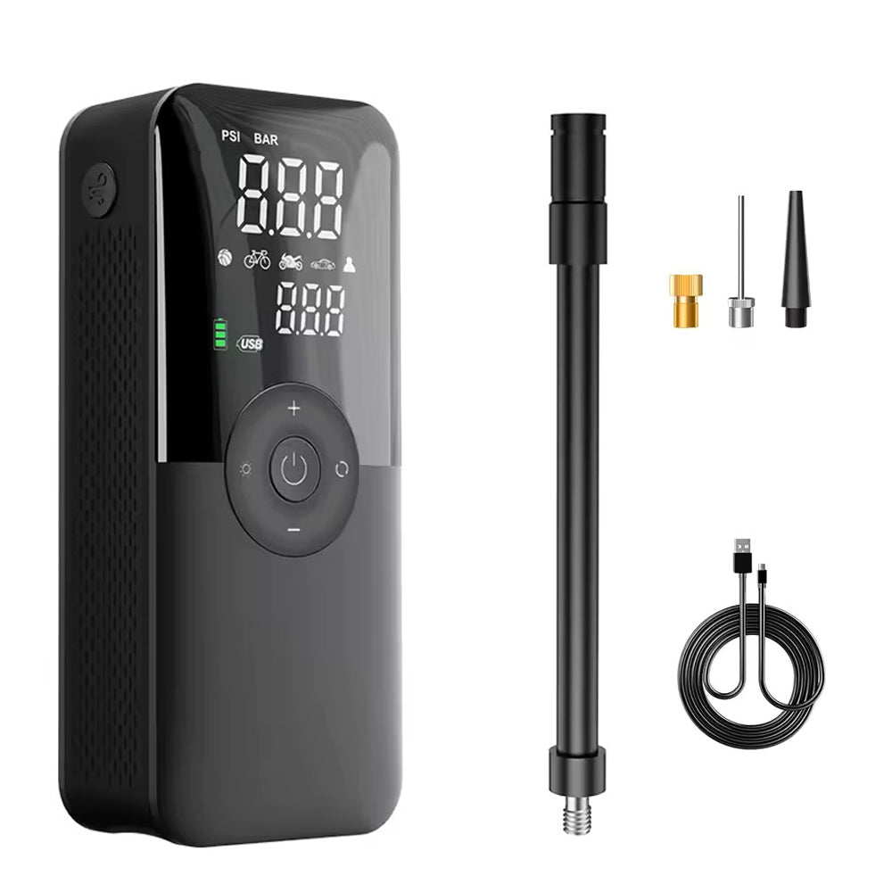 Elektrisk luftpump, batteridriven pump med 150 PSI, förinställt däcktryck för bil/motorcykel/cykel/boll, uppumpning med en knapp och automatisk stopp, cykelpump med LED-ljus och powerbank