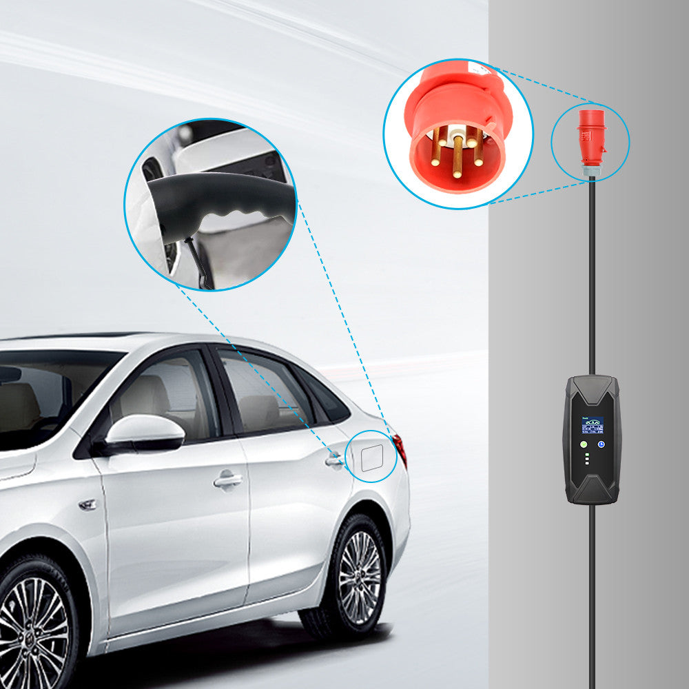 Mobile EV Wallbox, 11KW Typ2 3-phasig CEE16A Einstellbarer Ladeleistung EV Ladegerät, 5m EV Ladekabel für Model Y/3, ID.3/4/5, MG4, EX30, e-up, e-tron, Zoe und andere EV