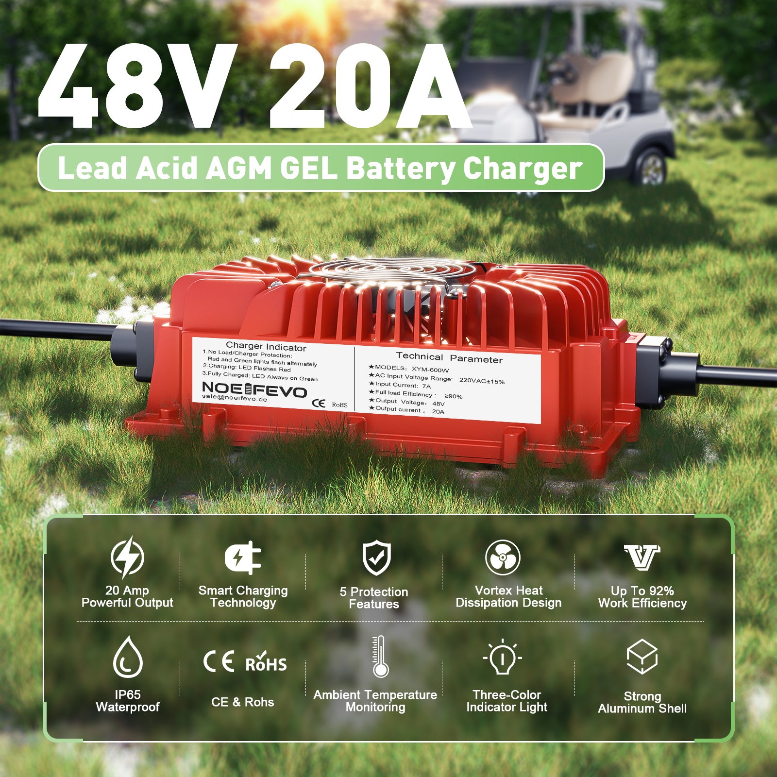 NOEIFEVO 48V 20A acculader voor loodzuuraccu's, AGM, gel, golfkar acculader