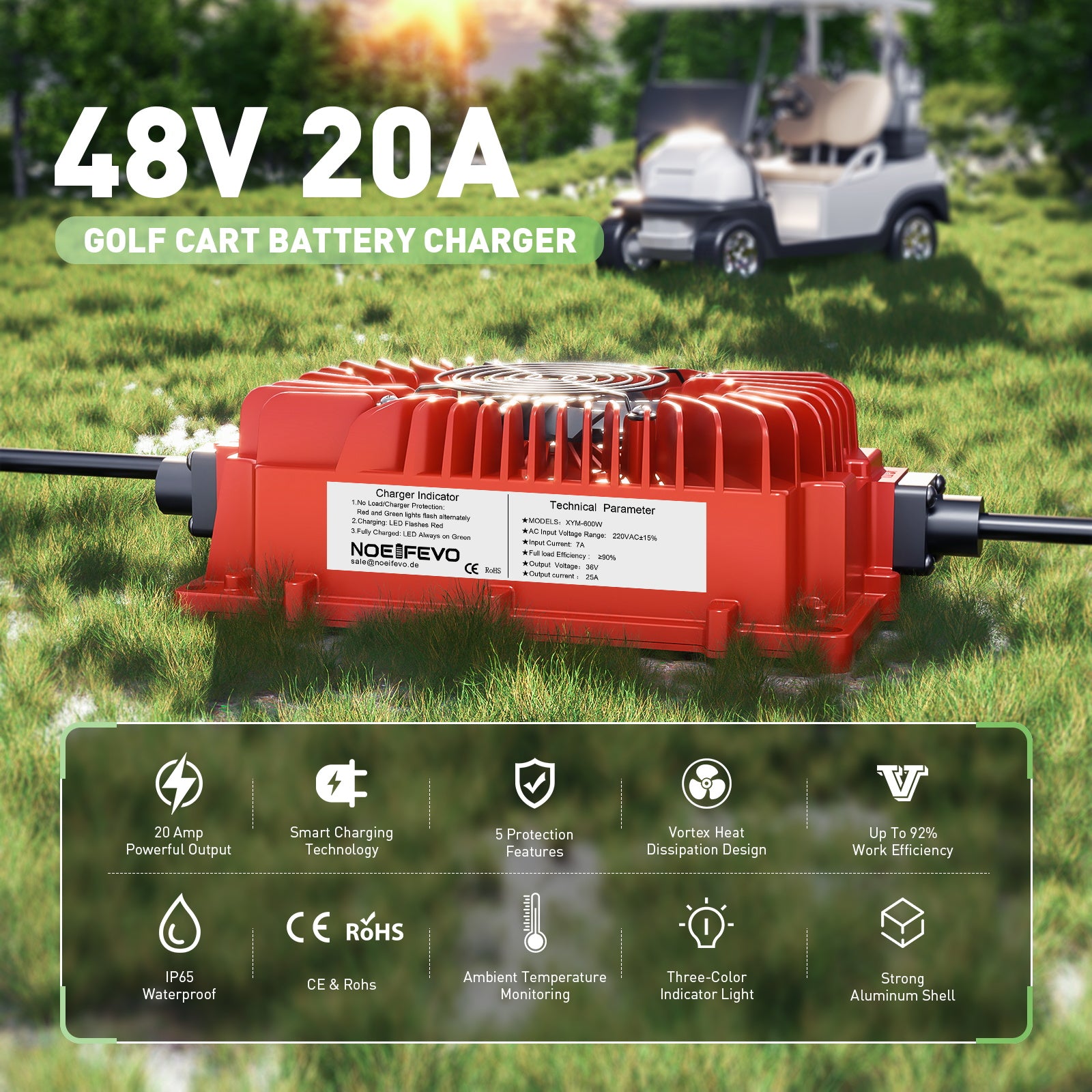 NOEIFEVO 48V 20A מטען סוללות עגלת גולף עם תקע EZGO RXV &TXT לסוללות חומצה עופרת, AGM, ג'ל