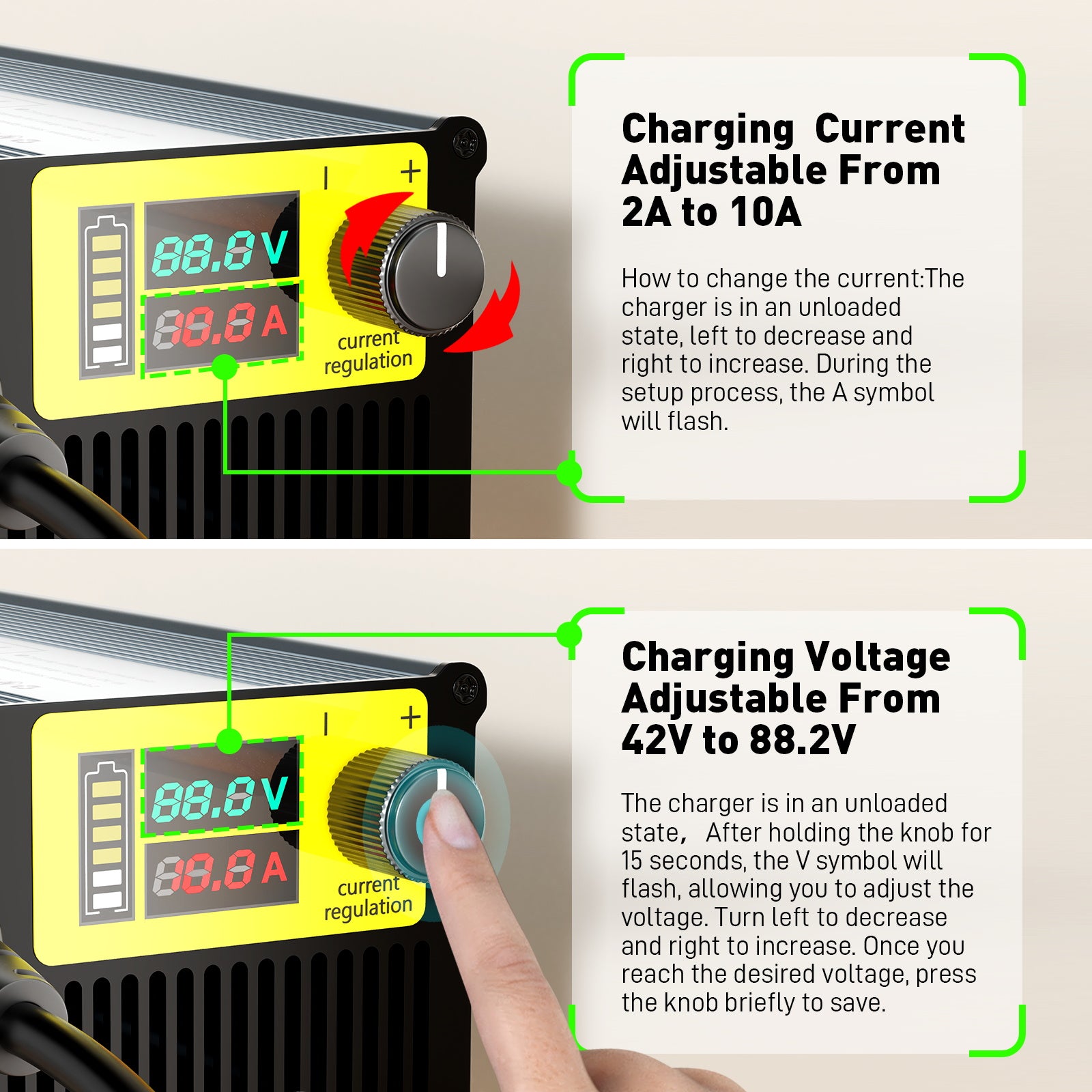 NOEIFEVO 10A Proud 42V-88,2V Napětí Nastavitelné Li-Ion LiFePO4 Lithium-Nabíječka Pro 36V 48V 60V 72V 84V Baterie