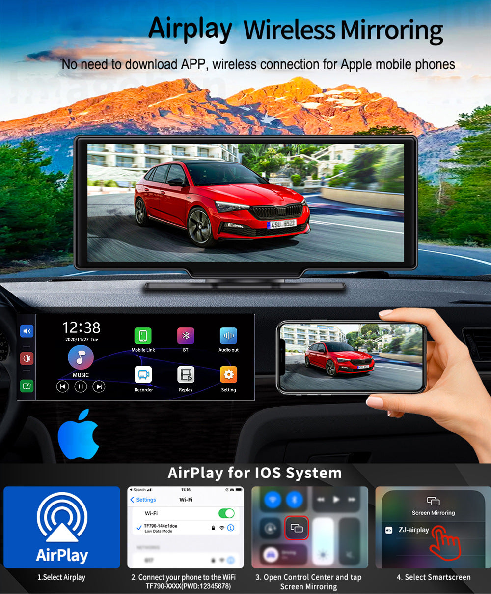 NOEIFEVO C200 10,26 tuuman CarPlay-näyttö, kannettava autoradio, yhteensopiva Apple CarPlayn ja Android Auton kanssa, IPS-täyden kosketusnäytön, 4K Dashcam, 1080P peruutuskamera, Siri, GPS-navigointi, Bluetooth, MirrorLink, FM