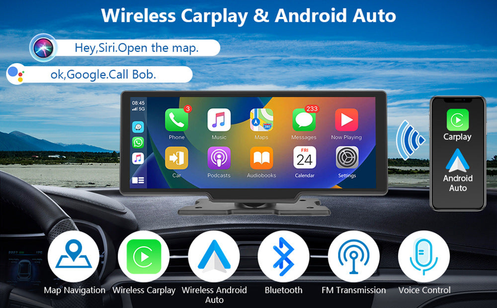 NOEIFEVO C200 10,26 palcový CarPlay displej, prenosné autorádio kompatibilné s Apple CarPlay a Android Auto, IPS dotykový displej, 4K kamera do auta, 1080P cúvacia kamera, Siri, GPS navigácia, Bluetooth, MirrorLink, FM