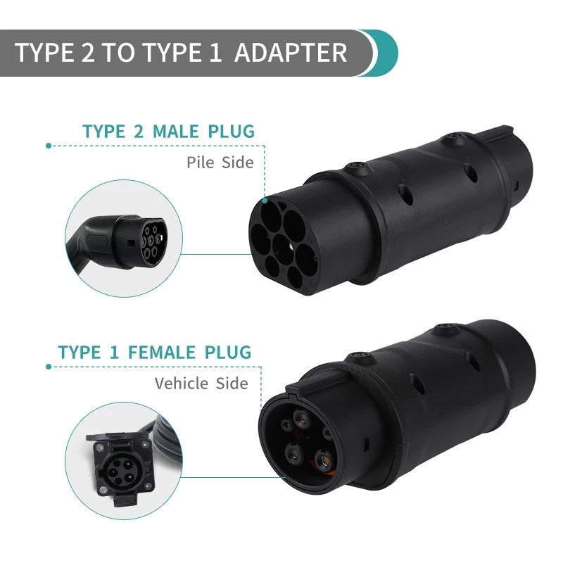 Adaptador de Carga de Veículo Eléctrico Tipo 2 para Tipo 1, Carregador EV Tipo 2 para Carregador EV de Veículo Eléctrico Tipo 1