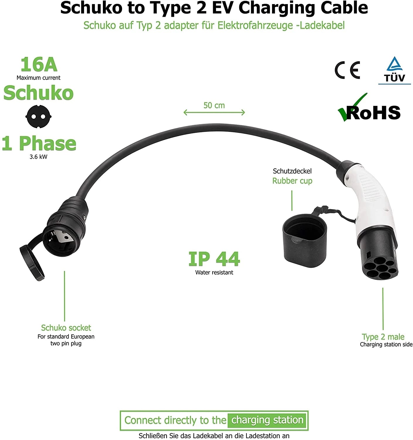 Typ2 till Schuko adapter, 16A 1fas Typ 2 laddningsplugg till europeiskt hushållsuttag