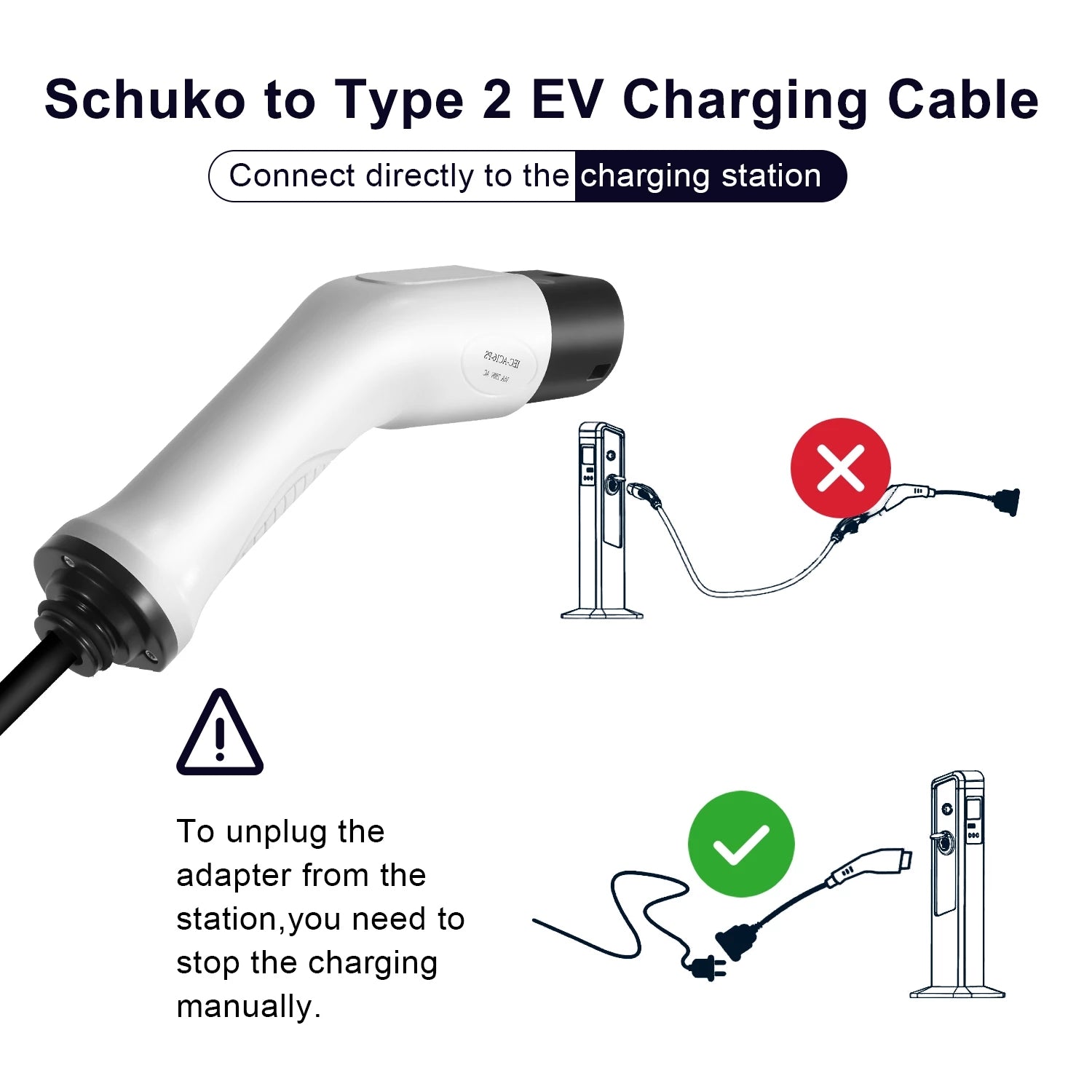 Adaptador de tipo 2 a Schuko, enchufe de carga de tipo 2 de 16 A y 1 fase a toma de corriente doméstica europea